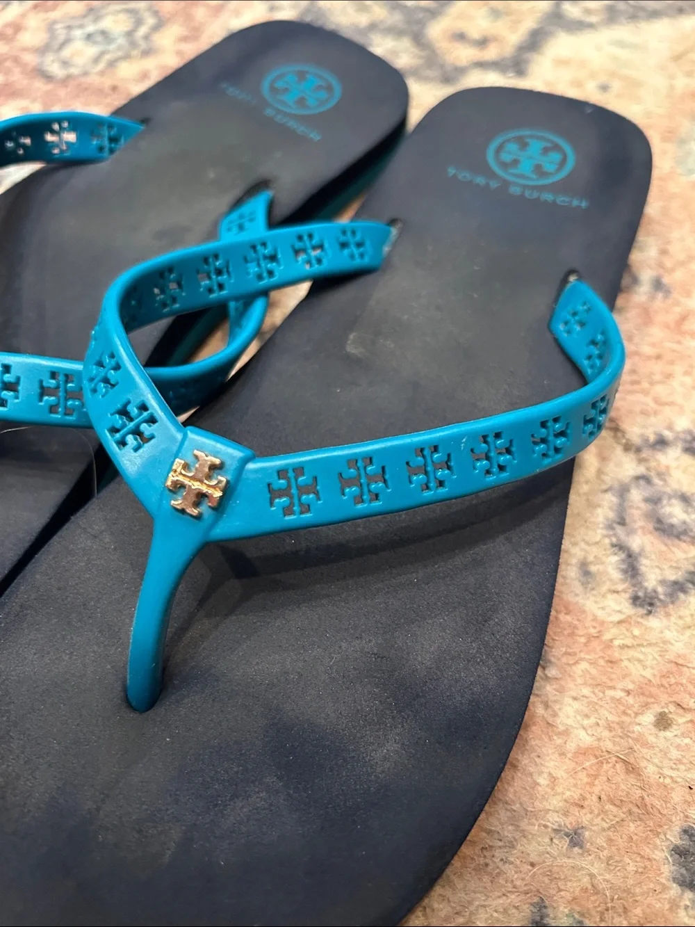 Tory Burch Teal Logo Thong Sandals